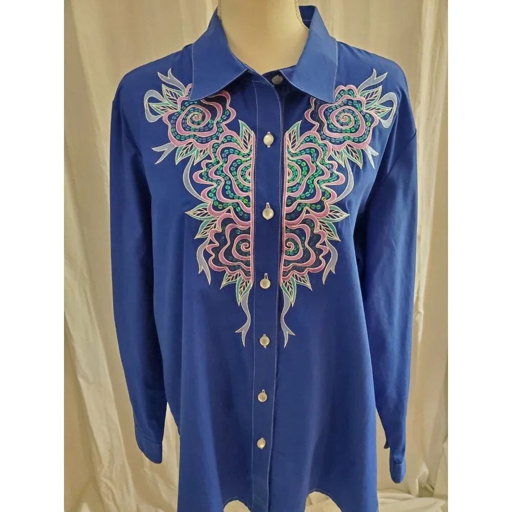 Vintage Bob Mackie Wearable Art Western Button Up Shirt Blue XL Embroidered Bows - Picture 3 of 15